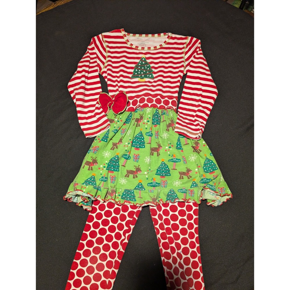 AnnLoren Girls Christmas Tree Tunic Dress and Polka Dot Leggings Set Size 9/10